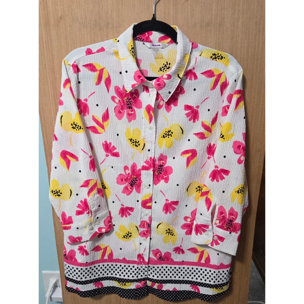ALIA Sz 14 Women's Crinkle Fabric White Floral Print 3/4 Sleeve Button Up Shirt